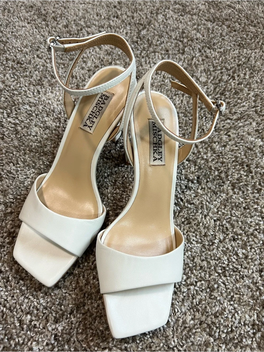 Badgley Mischka Ivory White Square-Toe Ankle-Strap Heels